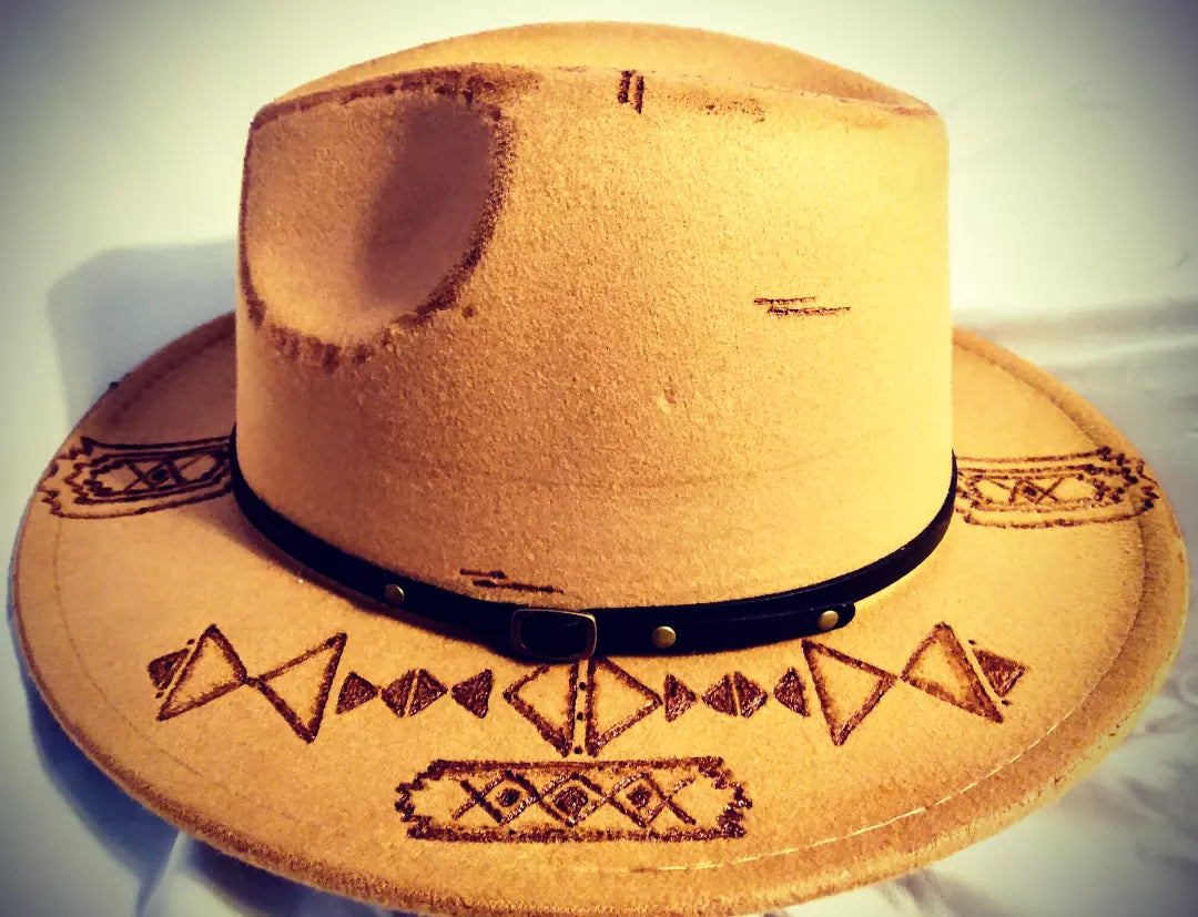 Aztec, native American design pyrography art hand burnt Fedora Hat. Made to order free shipping distressed. 